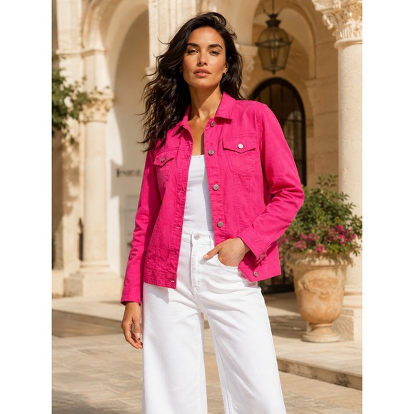 Jones & Co. Jackets & Blazers - Jones & Co 100% Linen Jones New York Pink Trucker Jacket Large Fuchsia Layering
